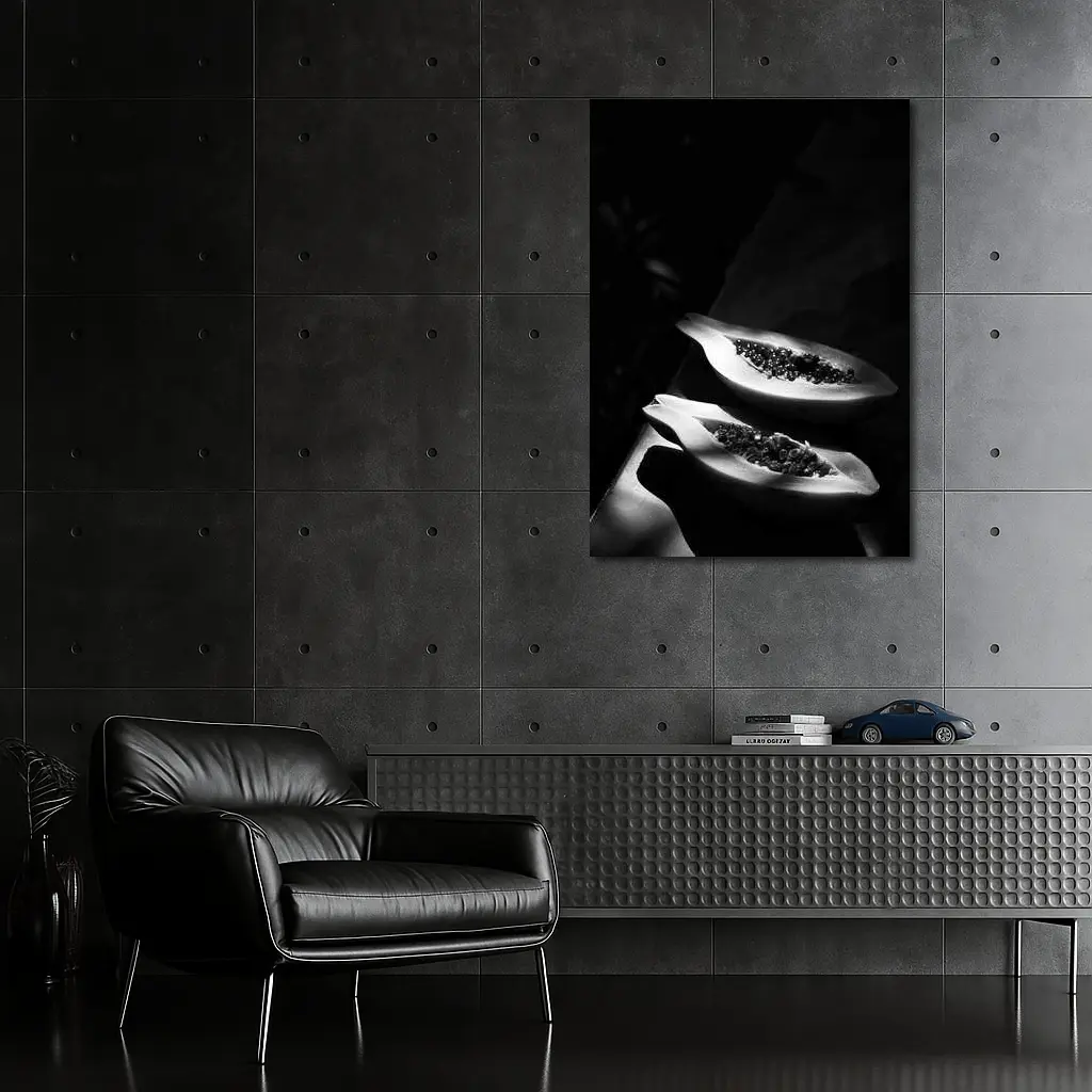 Black And White Papaya Halves Dark Background – Wall Art