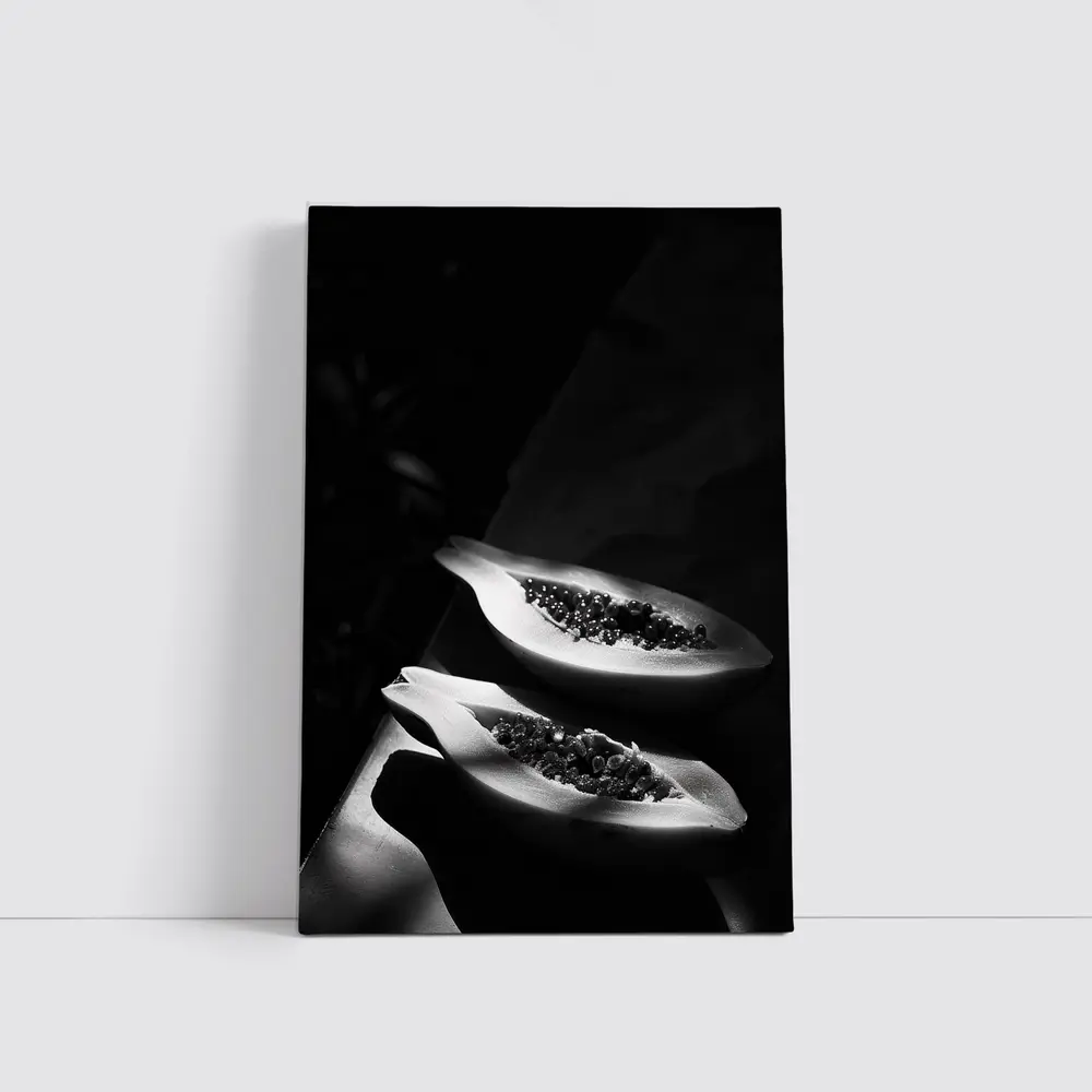 Black And White Papaya Halves Dark Background – Wall Art