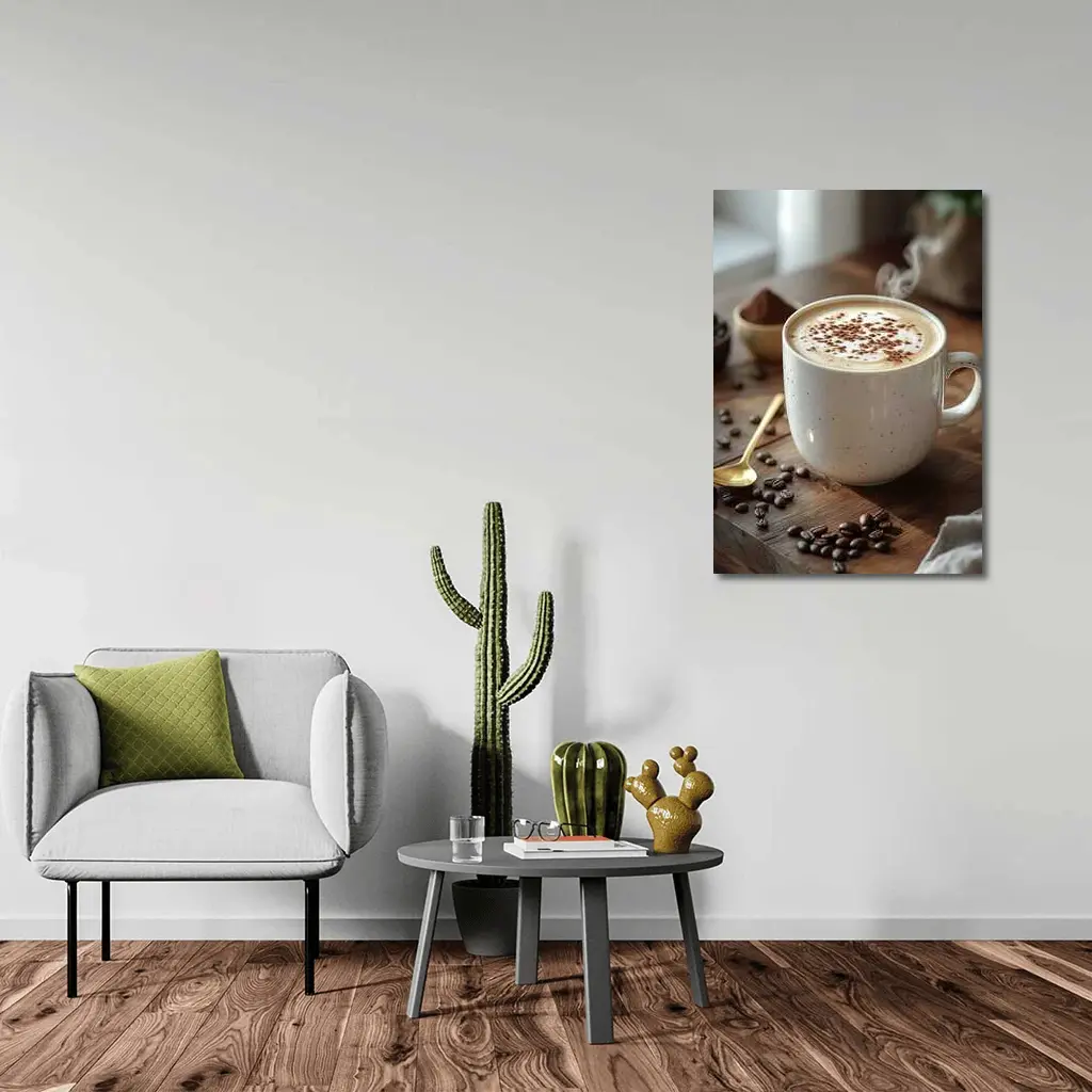 Steaming Cappuccino Mug Coffee Beans Wooden Table – Wall Art