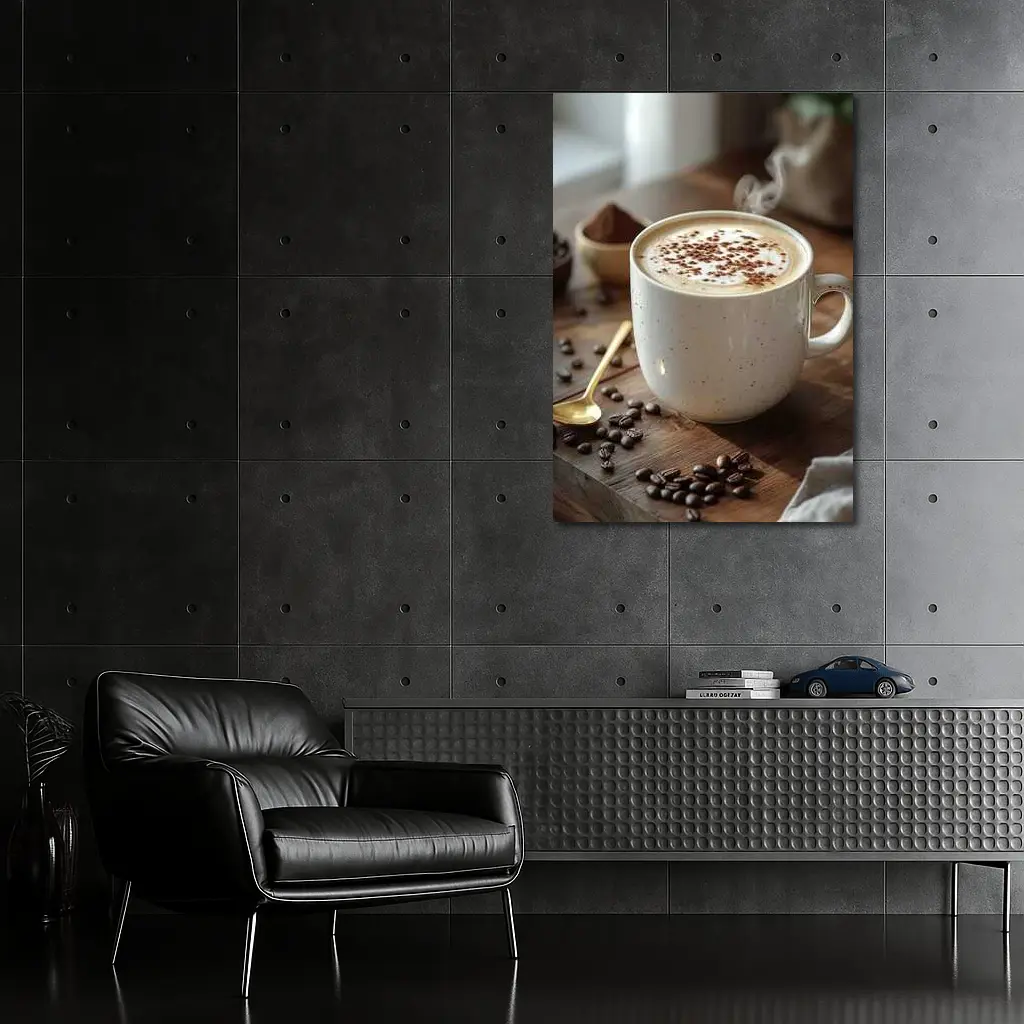 Steaming Cappuccino Mug Coffee Beans Wooden Table – Wall Art