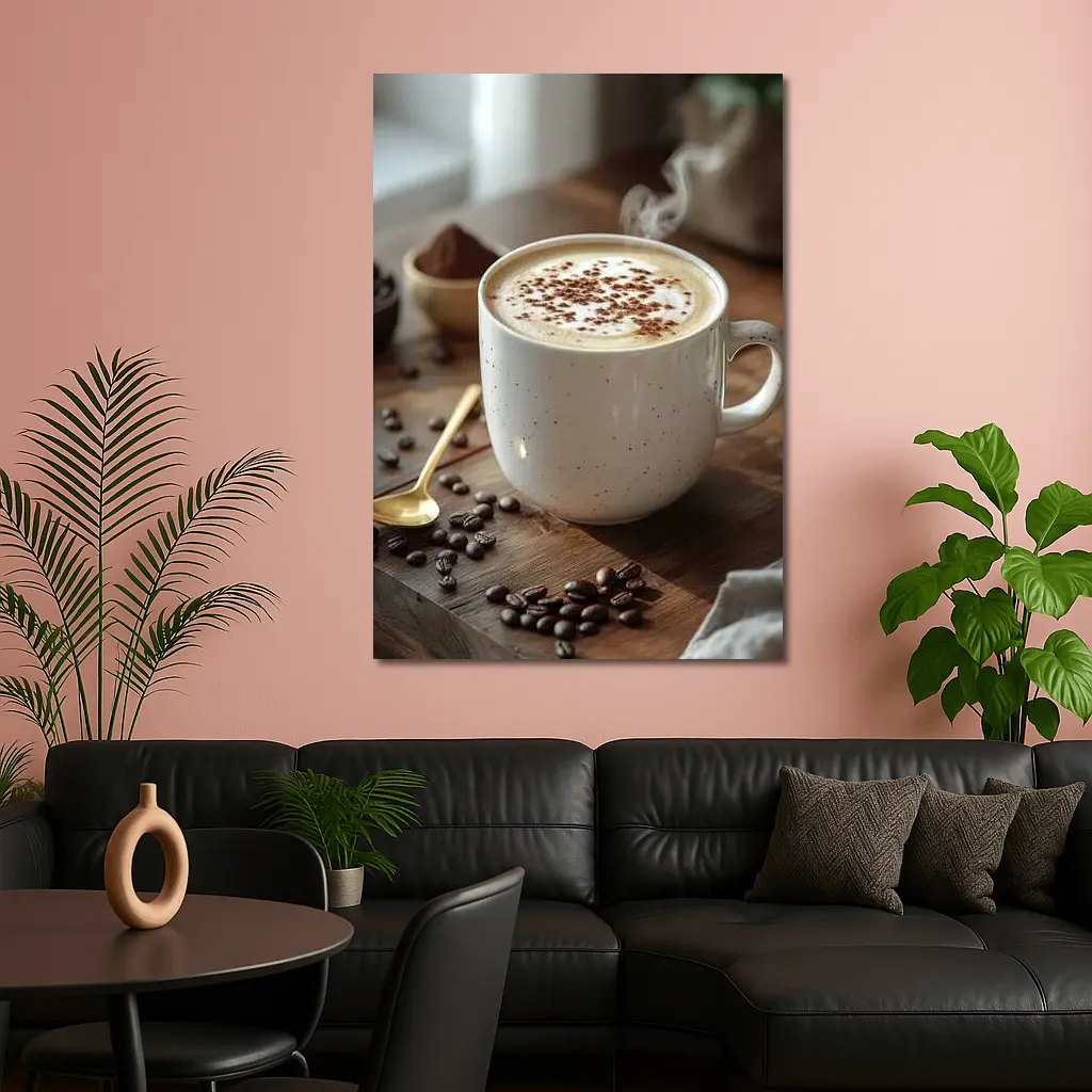 Steaming Cappuccino Mug Coffee Beans Wooden Table – Wall Art