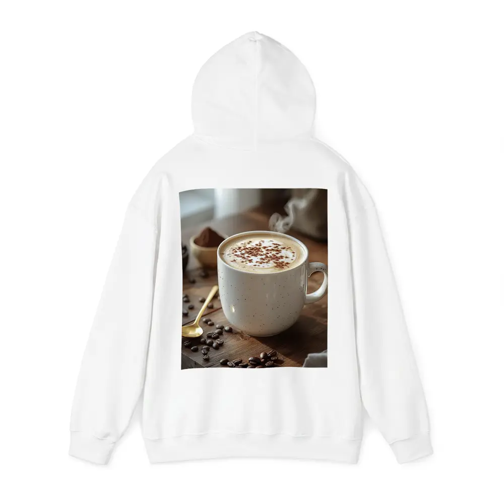 Steaming Cappuccino Mug Coffee Beans Wooden Table – Hoodies
