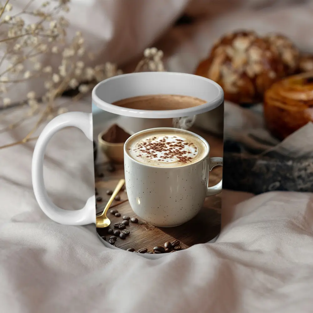 Steaming Cappuccino Mug Coffee Beans Wooden Table – Mugs
