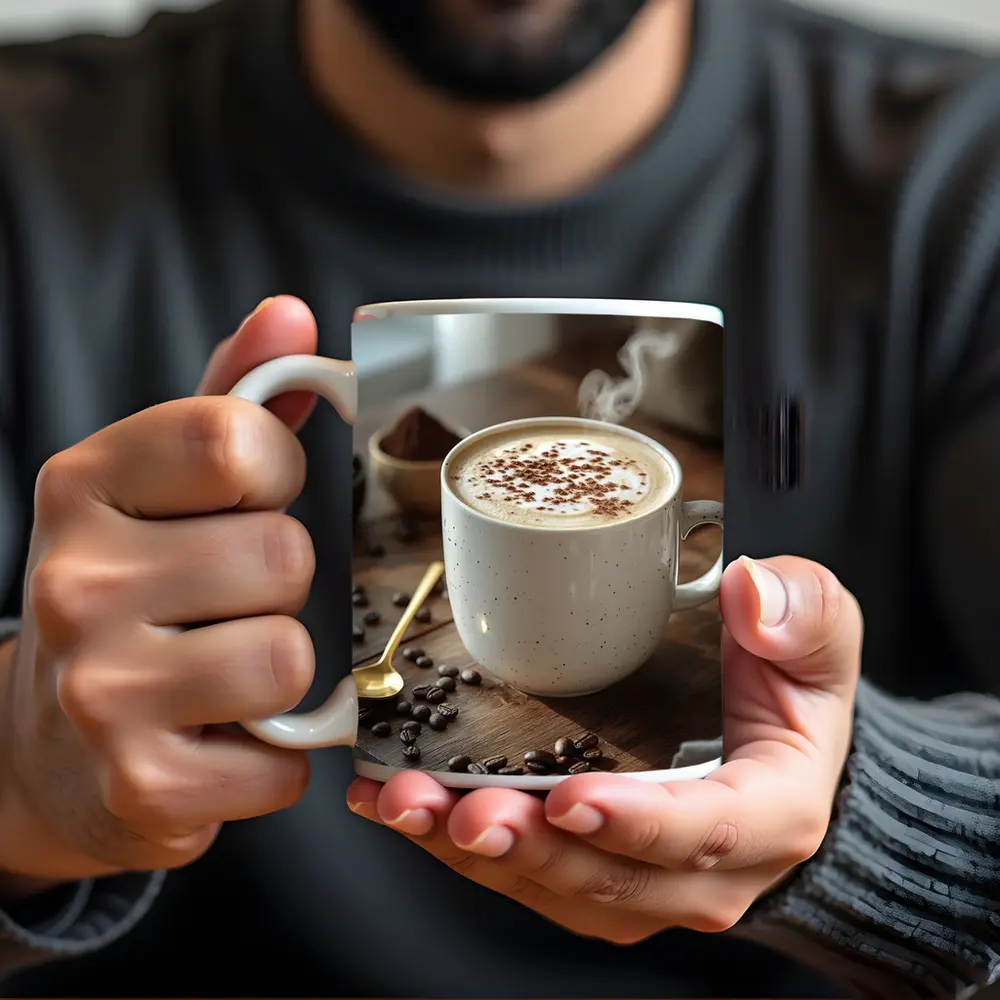 Steaming Cappuccino Mug Coffee Beans Wooden Table – Mugs