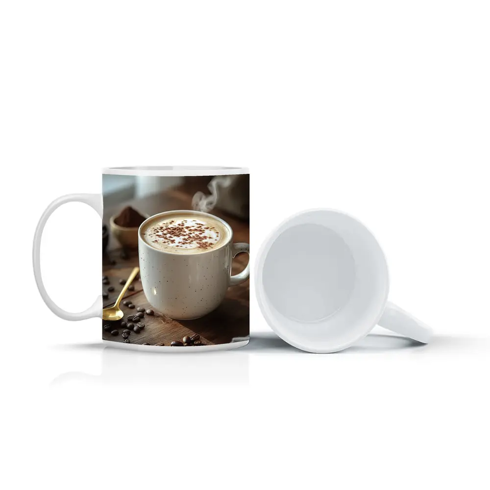 Steaming Cappuccino Mug Coffee Beans Wooden Table – Mugs