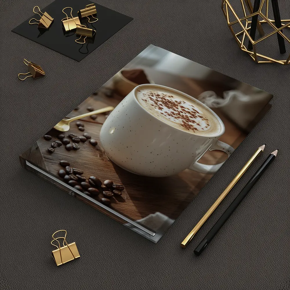 Steaming Cappuccino Mug Coffee Beans Wooden Table – Notebooks