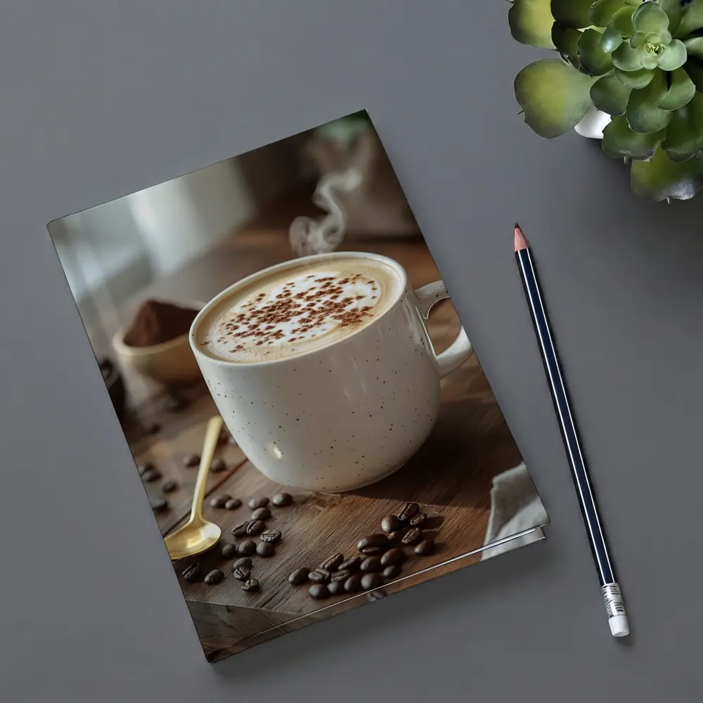 Steaming Cappuccino Mug Coffee Beans Wooden Table – Notebooks