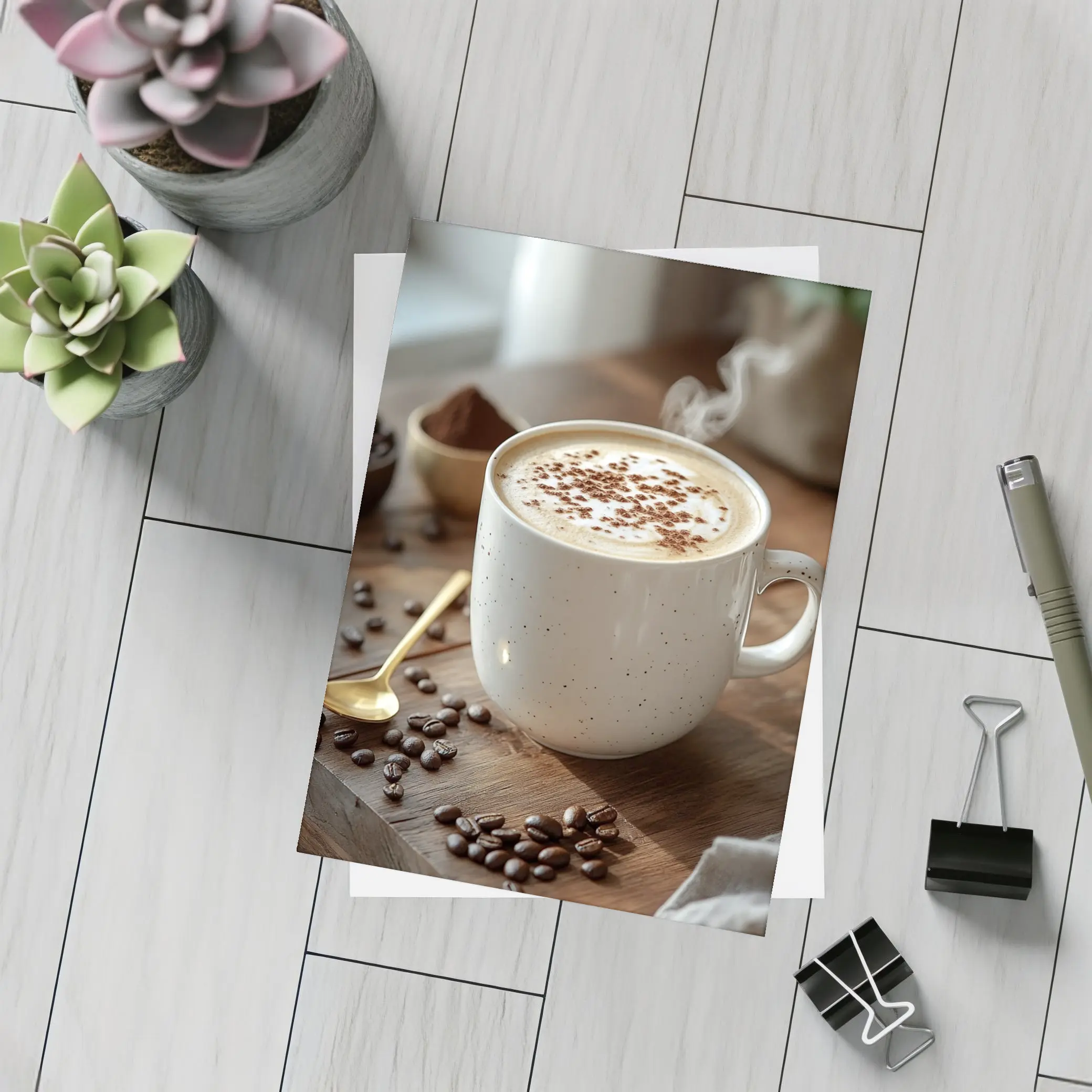 Steaming Cappuccino Mug Coffee Beans Wooden Table – Postcards