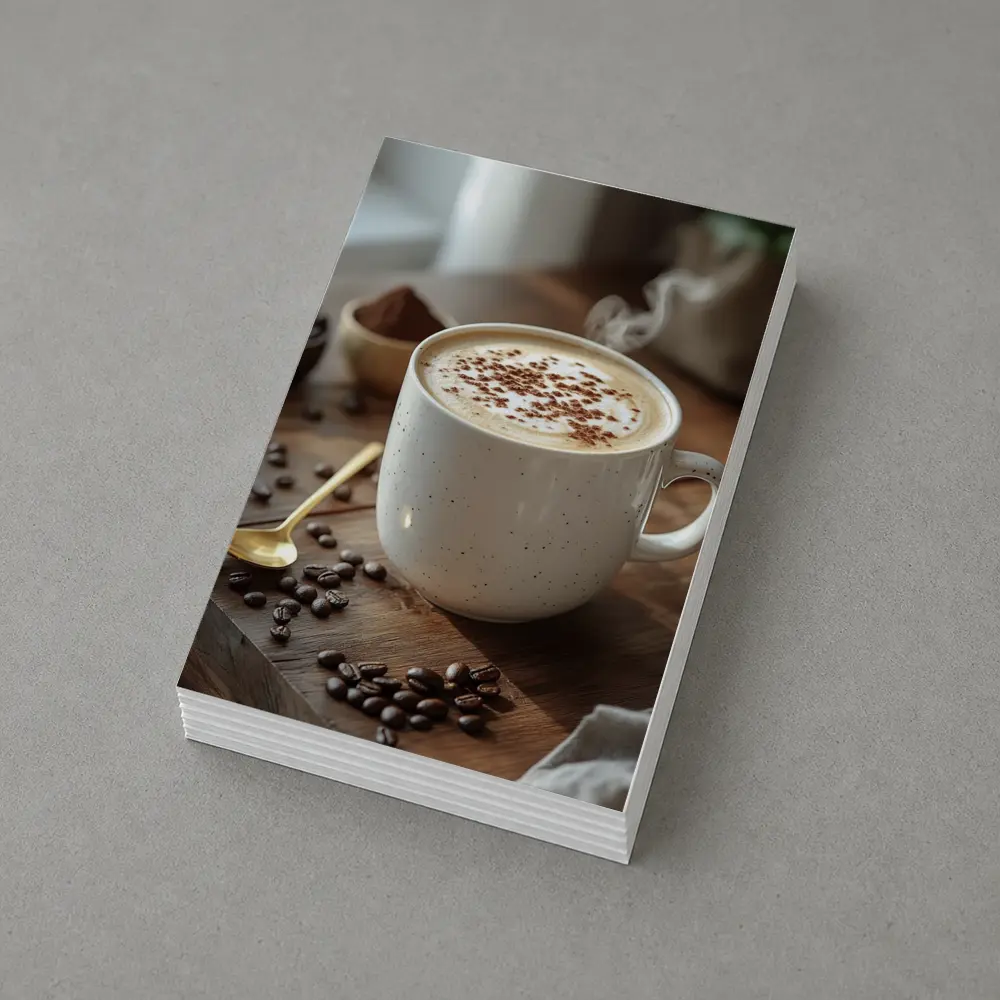 Steaming Cappuccino Mug Coffee Beans Wooden Table – Postcards