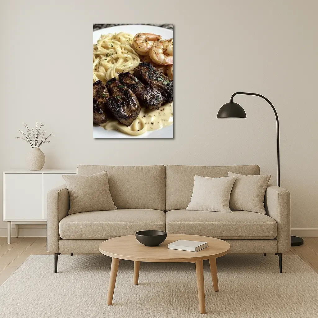 Grilled Steak Shrimp Pasta Cream Sauce Plate – Wall Art