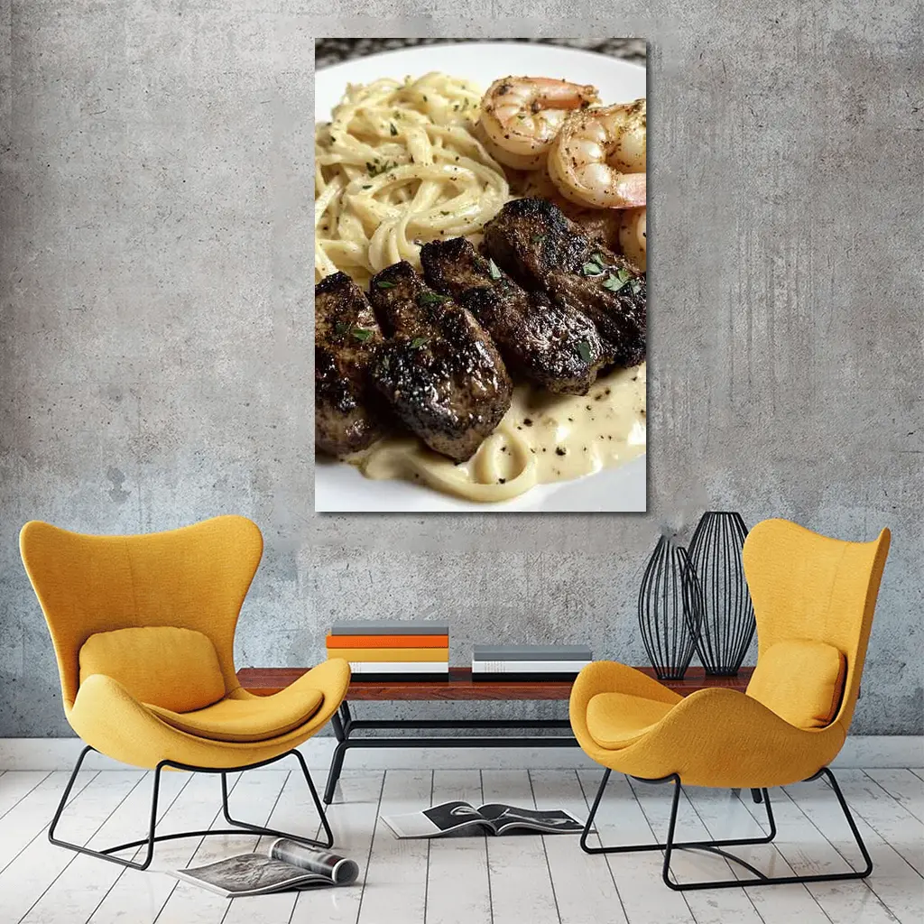 Grilled Steak Shrimp Pasta Cream Sauce Plate – Wall Art