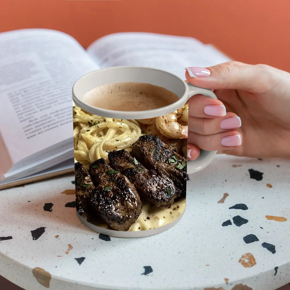Grilled Steak Shrimp Pasta Cream Sauce Plate – Mugs