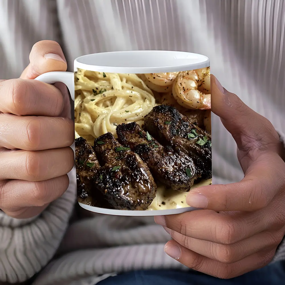 Grilled Steak Shrimp Pasta Cream Sauce Plate – Mugs