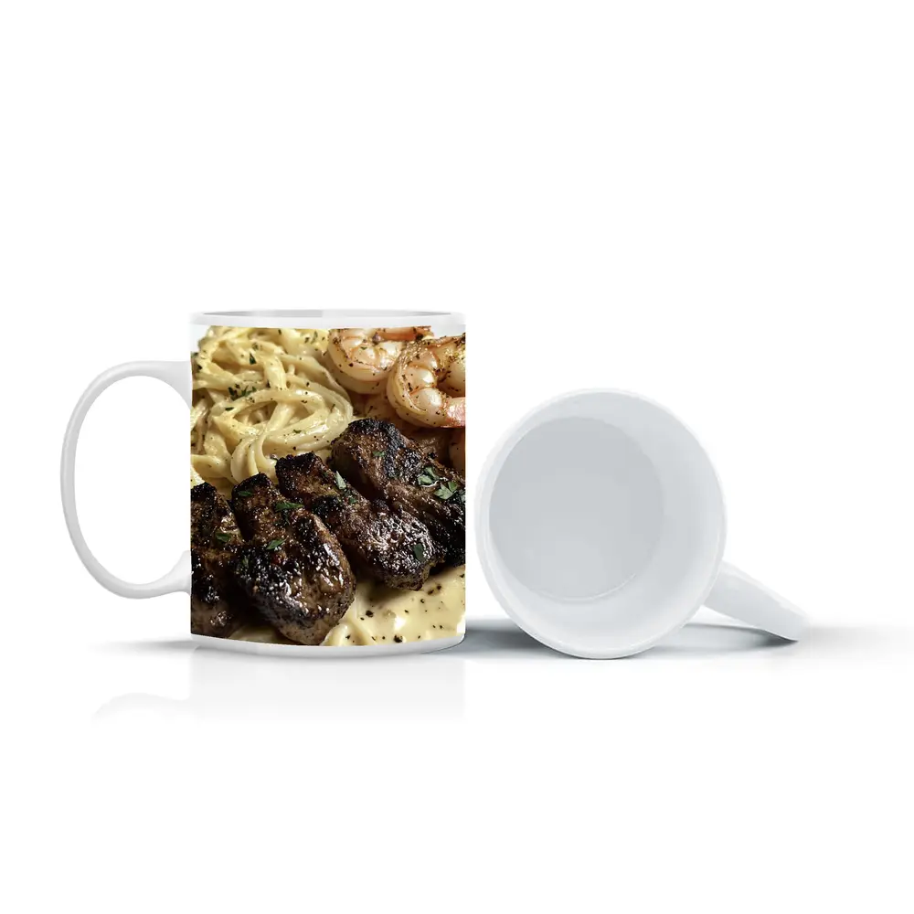 Grilled Steak Shrimp Pasta Cream Sauce Plate – Mugs