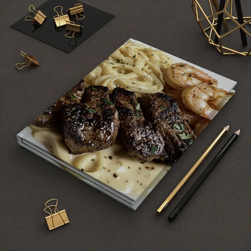 Grilled Steak Shrimp Pasta Cream Sauce Plate – Notebooks