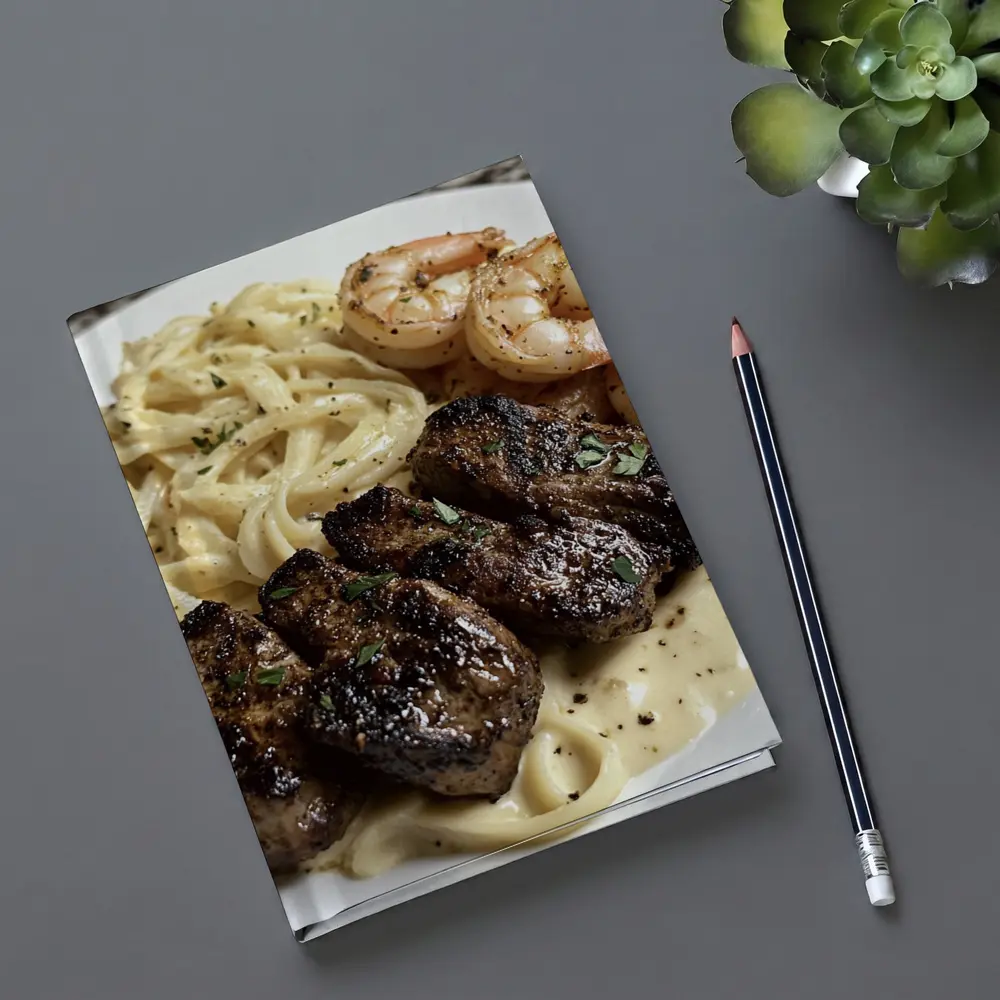 Grilled Steak Shrimp Pasta Cream Sauce Plate – Notebooks