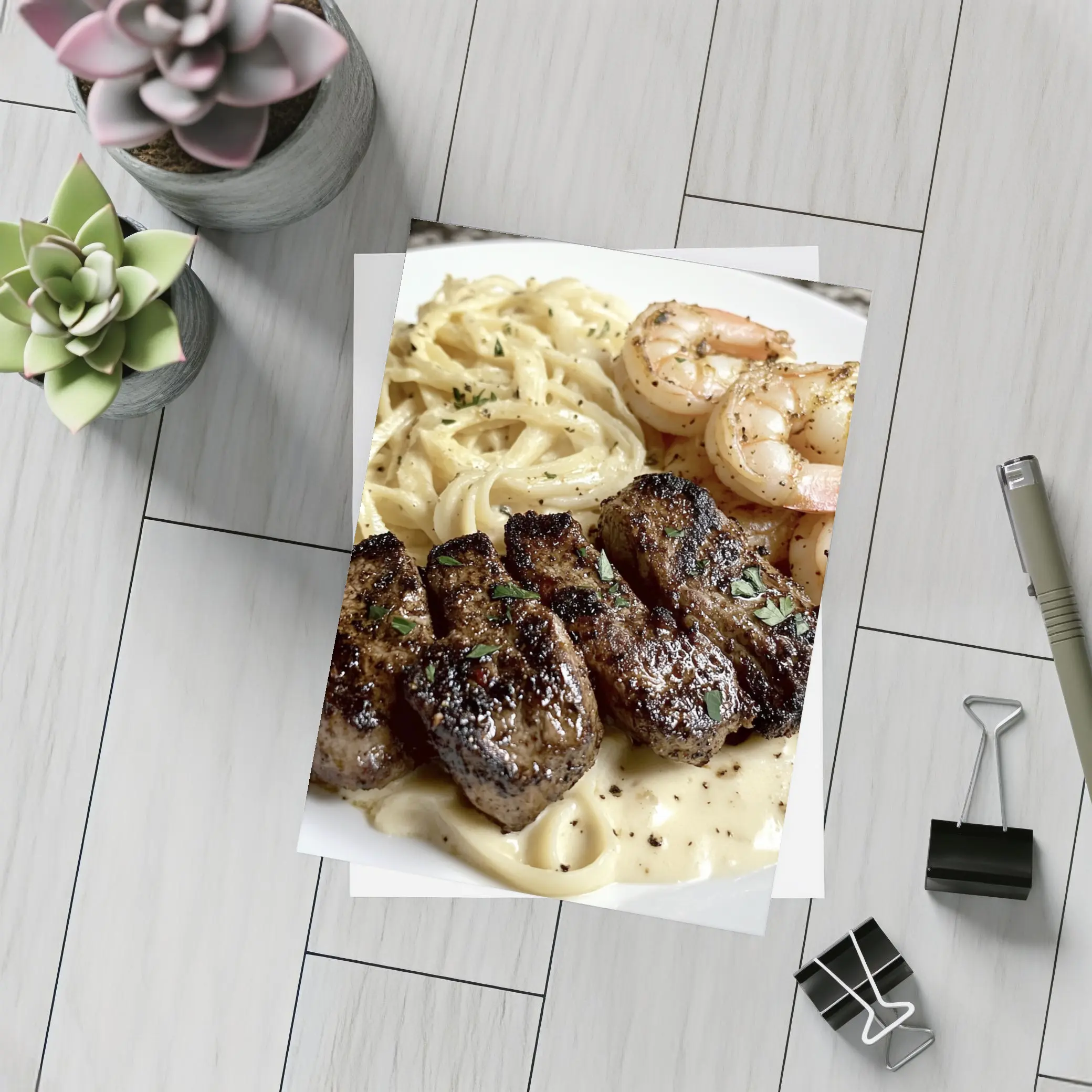Grilled Steak Shrimp Pasta Cream Sauce Plate – Postcards