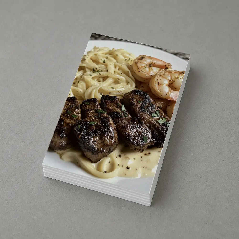 Grilled Steak Shrimp Pasta Cream Sauce Plate – Postcards