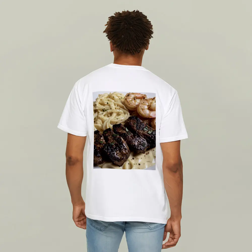 Grilled Steak Shrimp Pasta Cream Sauce Plate – T-Shirts