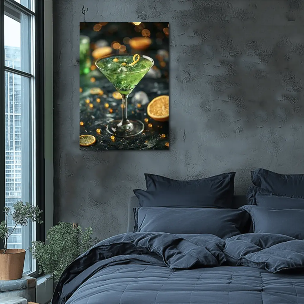 Green Martini Cocktail Gold Bokeh Dark – Wall Art