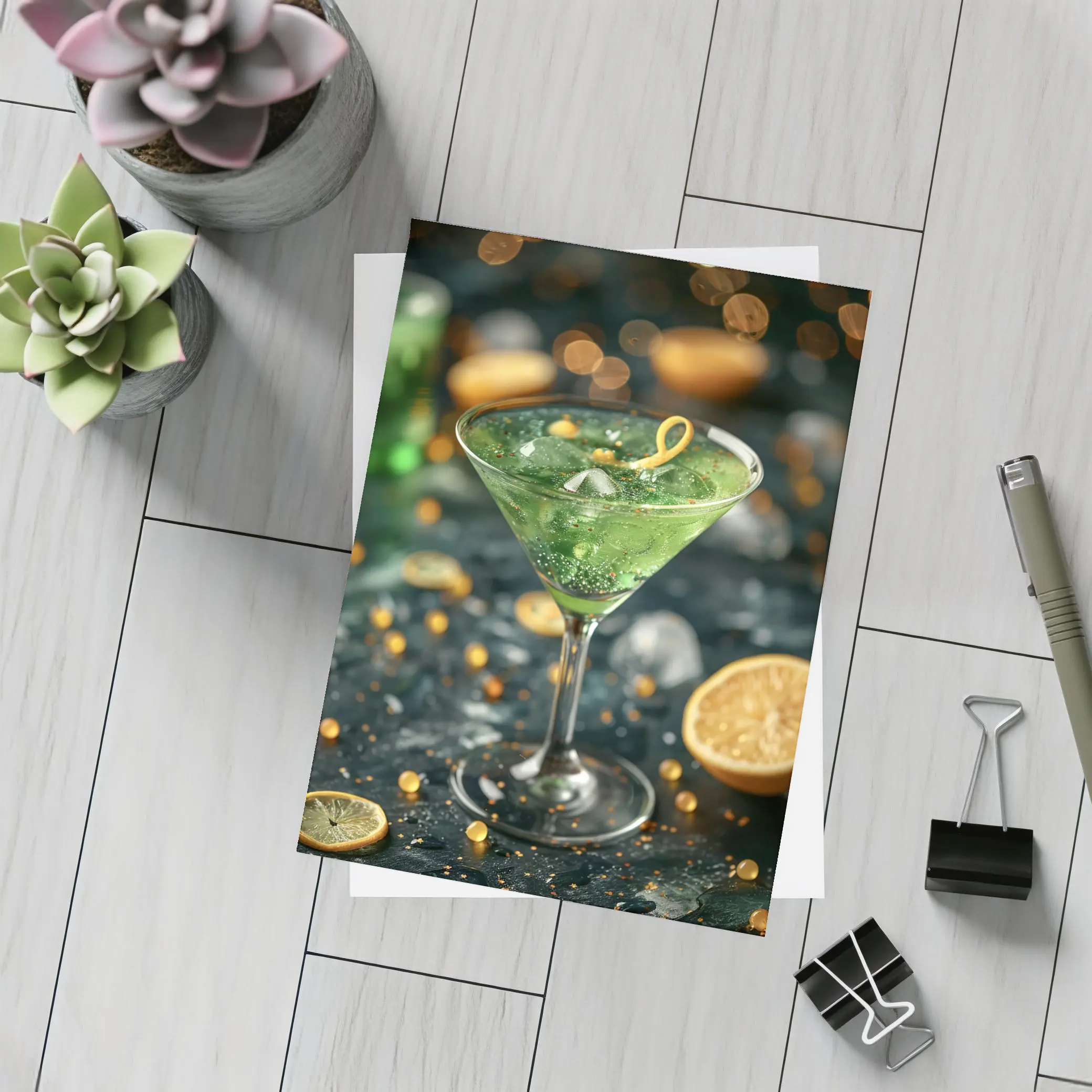 Green Martini Cocktail Gold Bokeh Dark – Postcards
