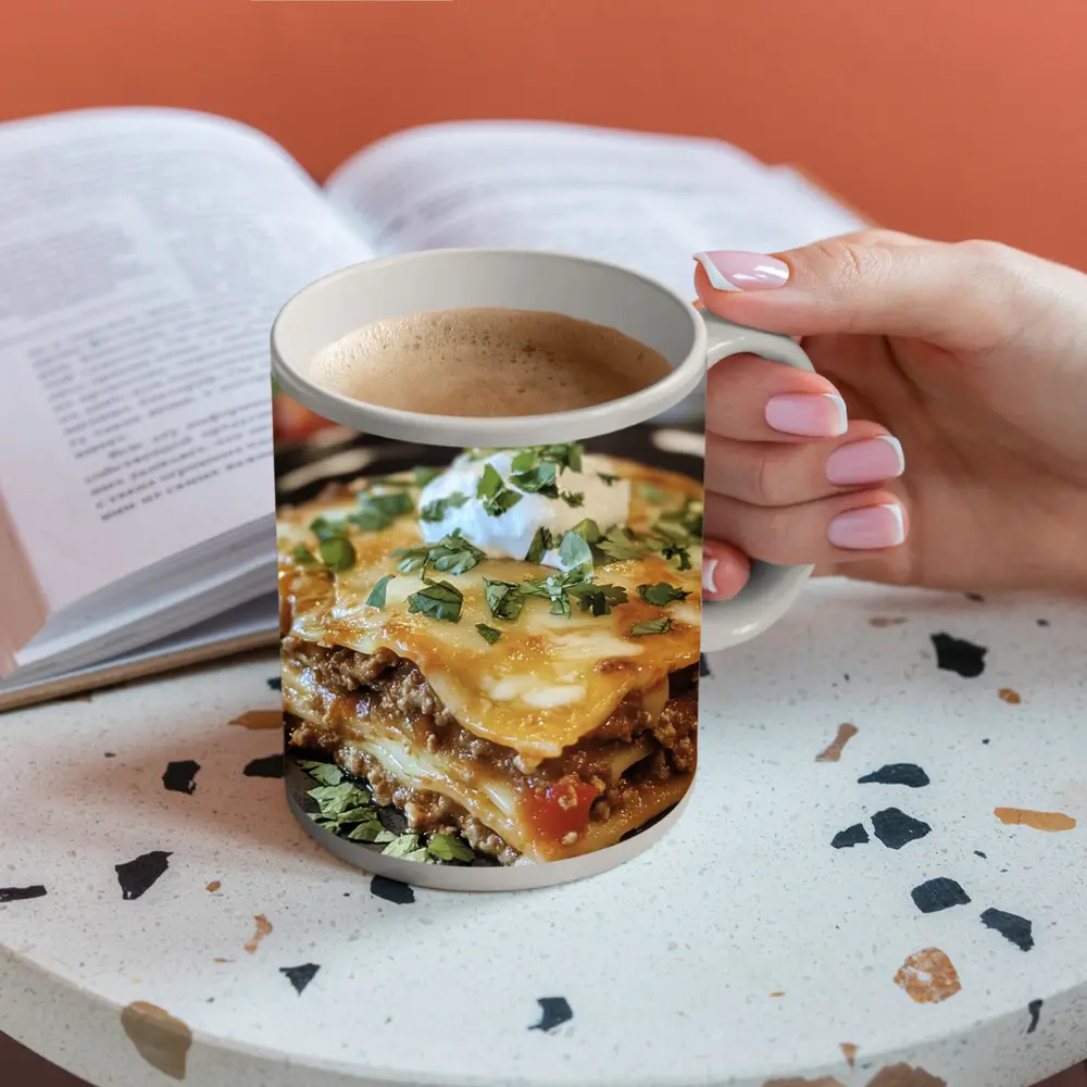 Beef Lasagna Slice Topped With Sour Cream – Mugs