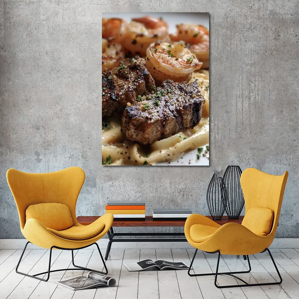 Seared Steak Shrimp Creamy Pasta Dish – Wall Art
