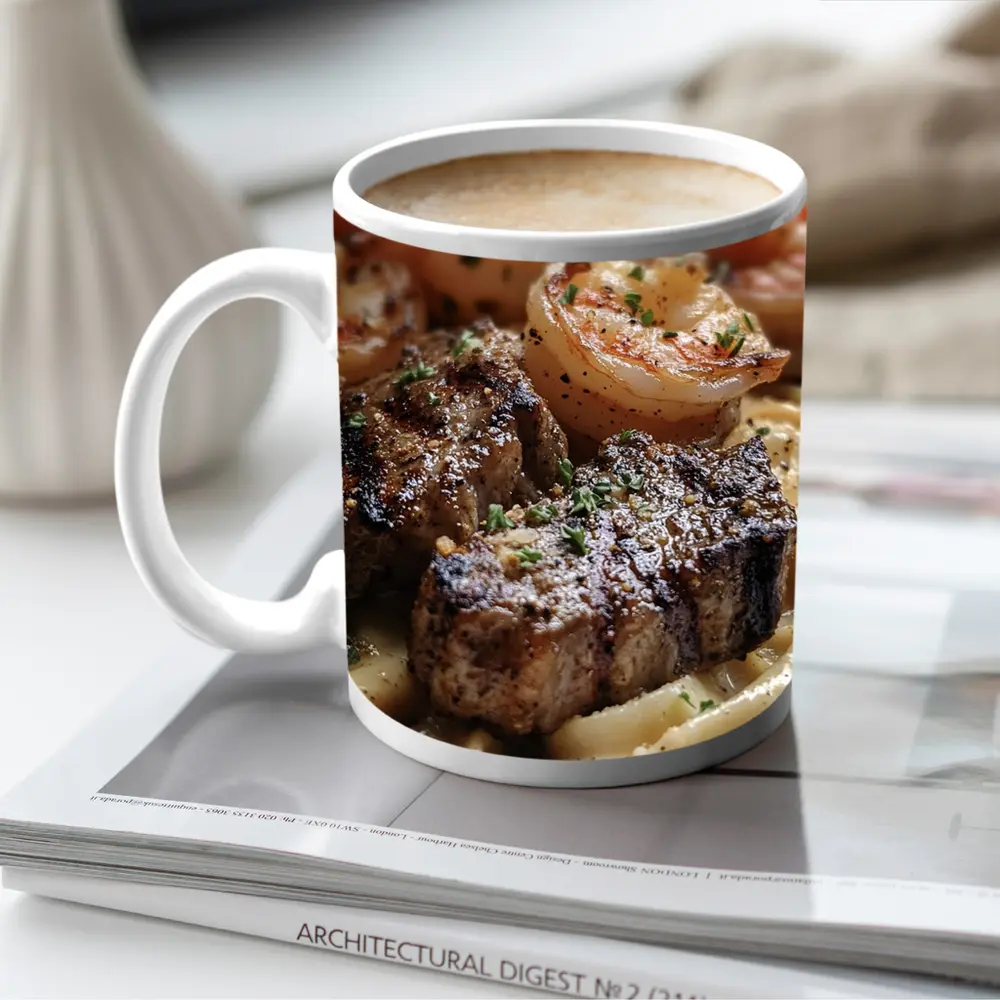 Seared Steak Shrimp Creamy Pasta Dish – Mugs