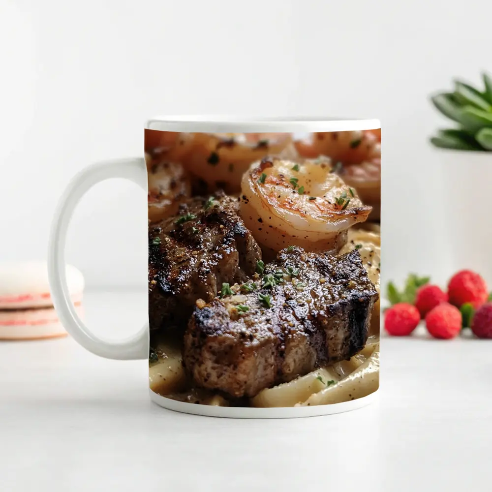 Seared Steak Shrimp Creamy Pasta Dish – Mugs
