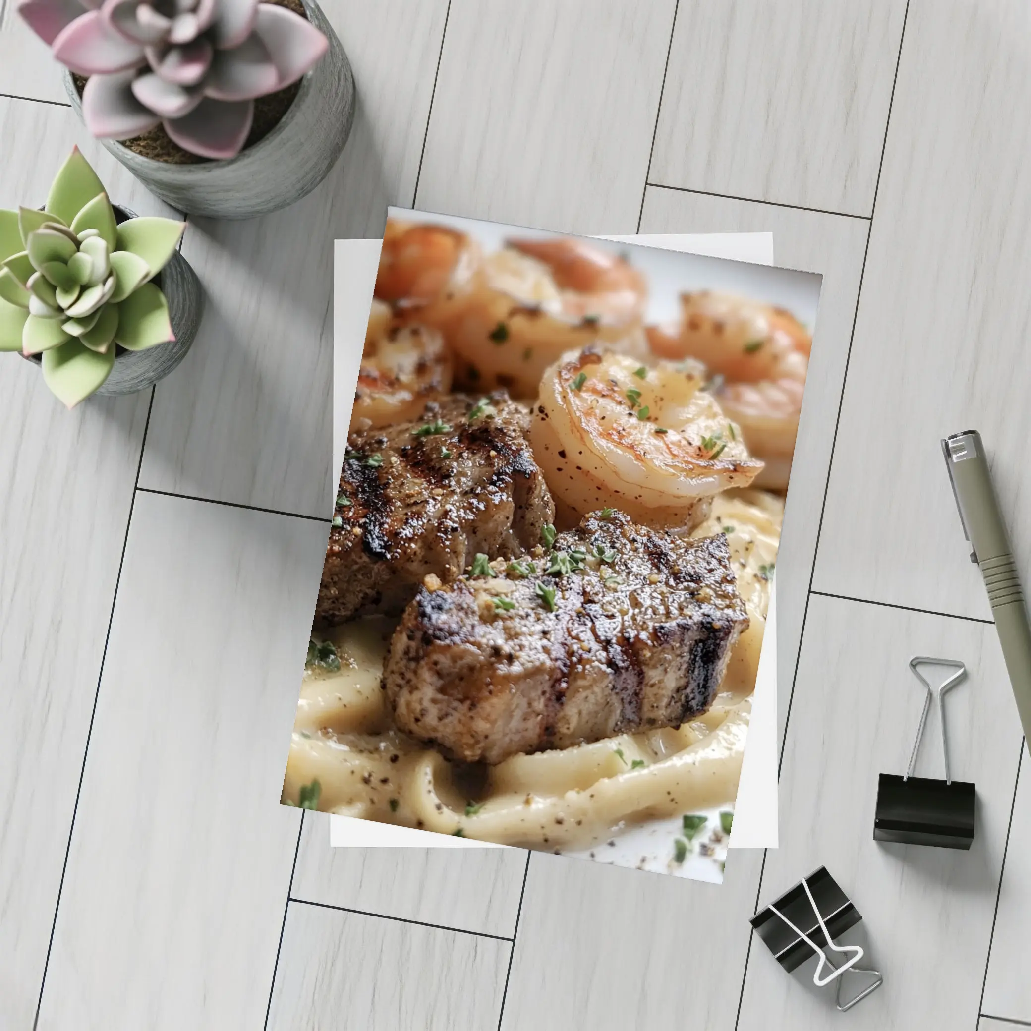 Seared Steak Shrimp Creamy Pasta Dish – Postcards