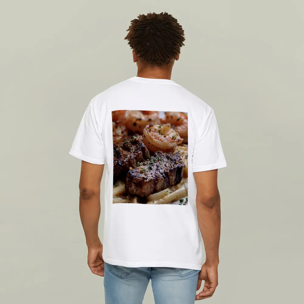 Seared Steak Shrimp Creamy Pasta Dish – T-Shirts