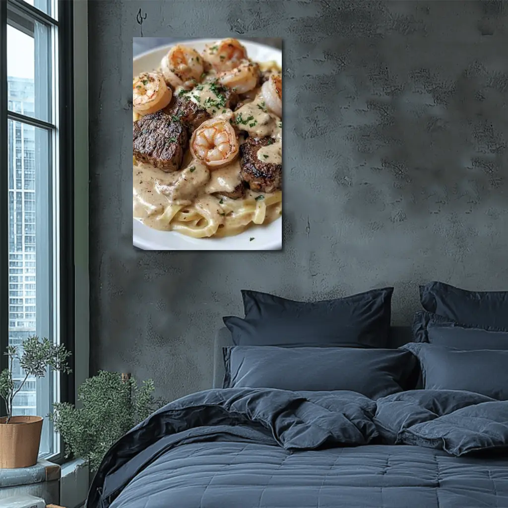 Surf and Turf Steak Shrimp Pasta Dish – Wall Art