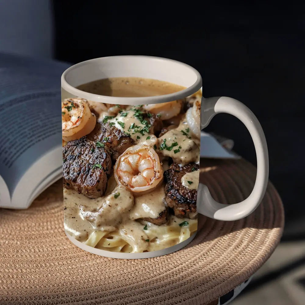 Surf and Turf Steak Shrimp Pasta Dish – Mugs