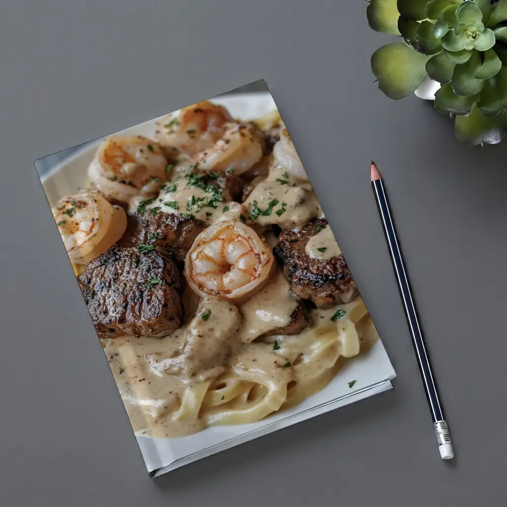 Surf and Turf Steak Shrimp Pasta Dish – Notebooks