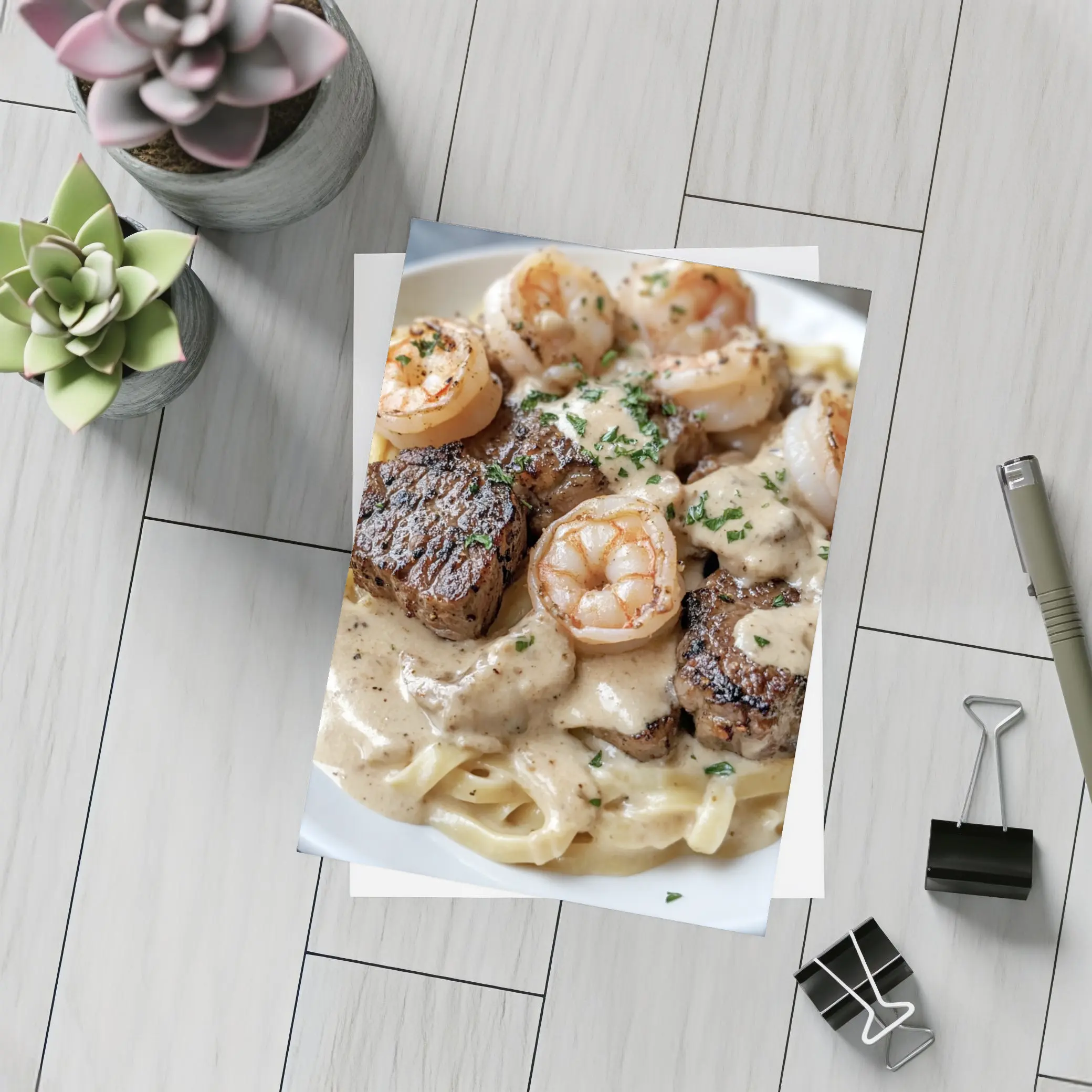 Surf and Turf Steak Shrimp Pasta Dish – Postcards