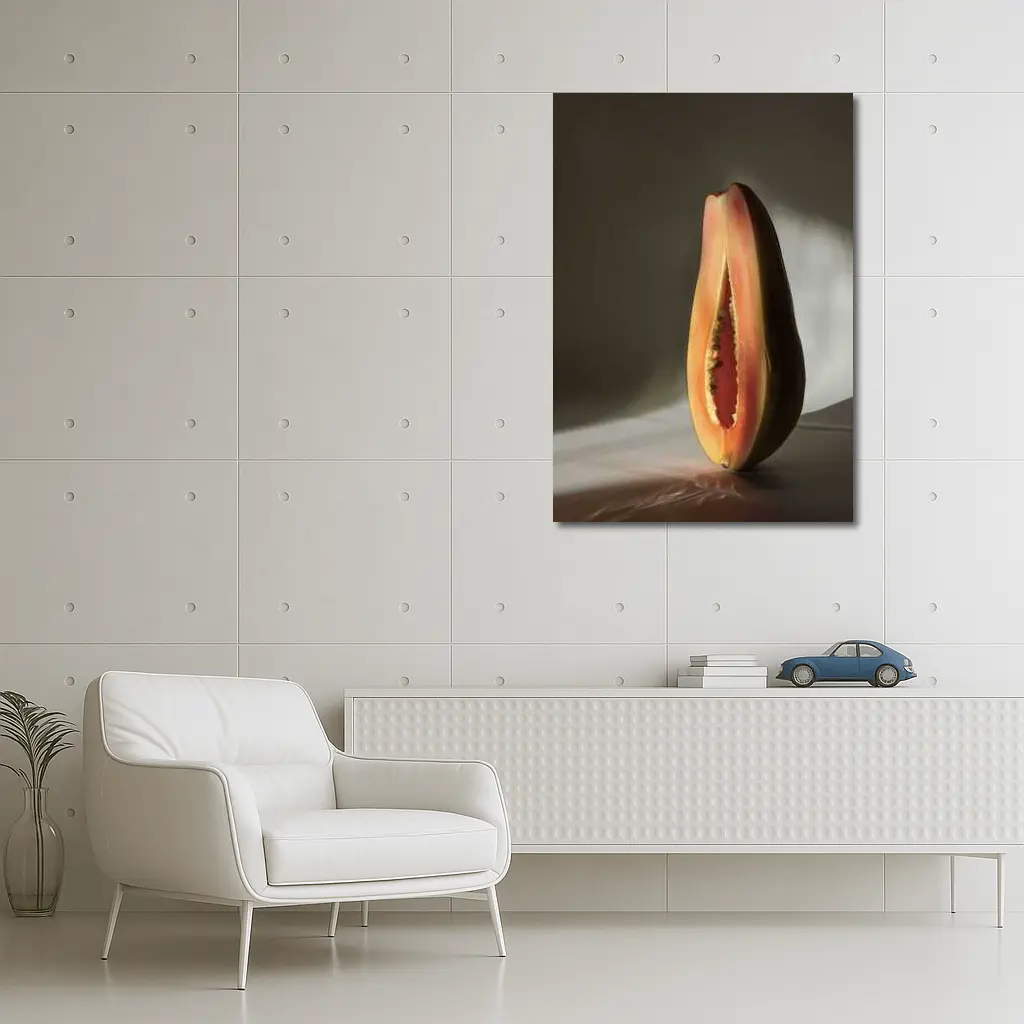 Halved Papaya Dramatic Light Gray Background – Wall Art