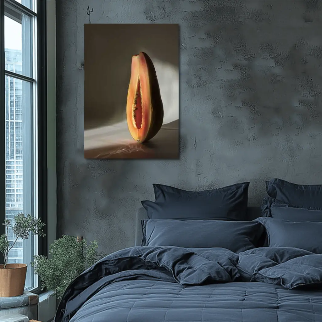 Halved Papaya Dramatic Light Gray Background – Wall Art