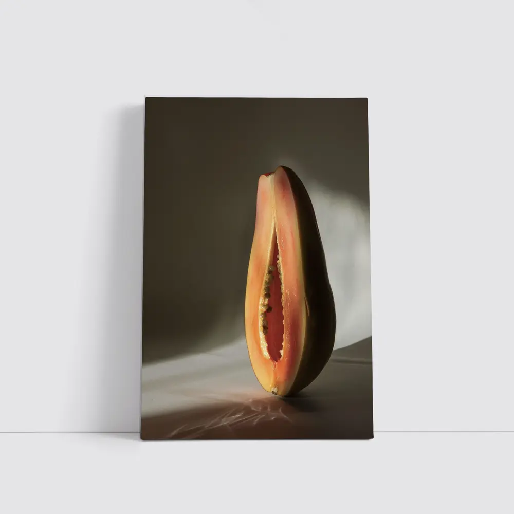 Halved Papaya Dramatic Light Gray Background – Wall Art