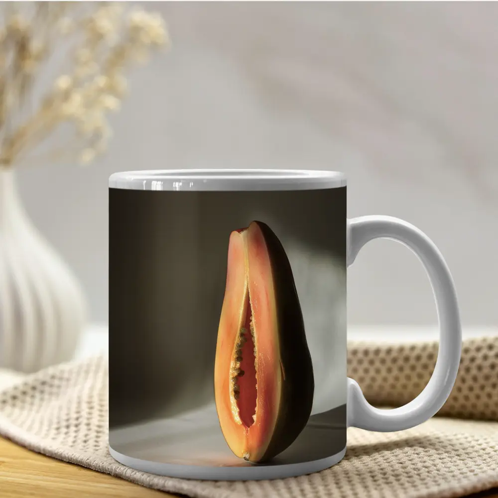 Halved Papaya Dramatic Light Gray Background – Mugs
