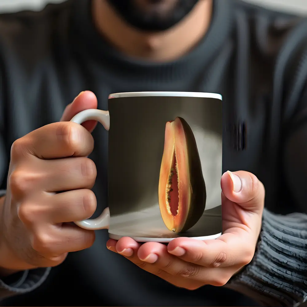 Halved Papaya Dramatic Light Gray Background – Mugs