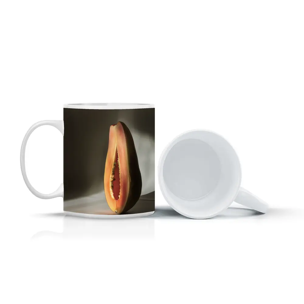 Halved Papaya Dramatic Light Gray Background – Mugs