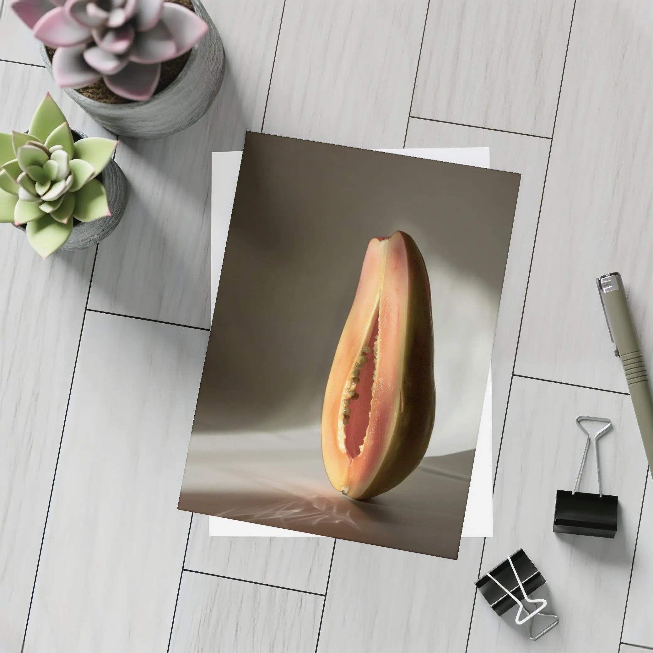 Halved Papaya Dramatic Light Gray Background – Postcards