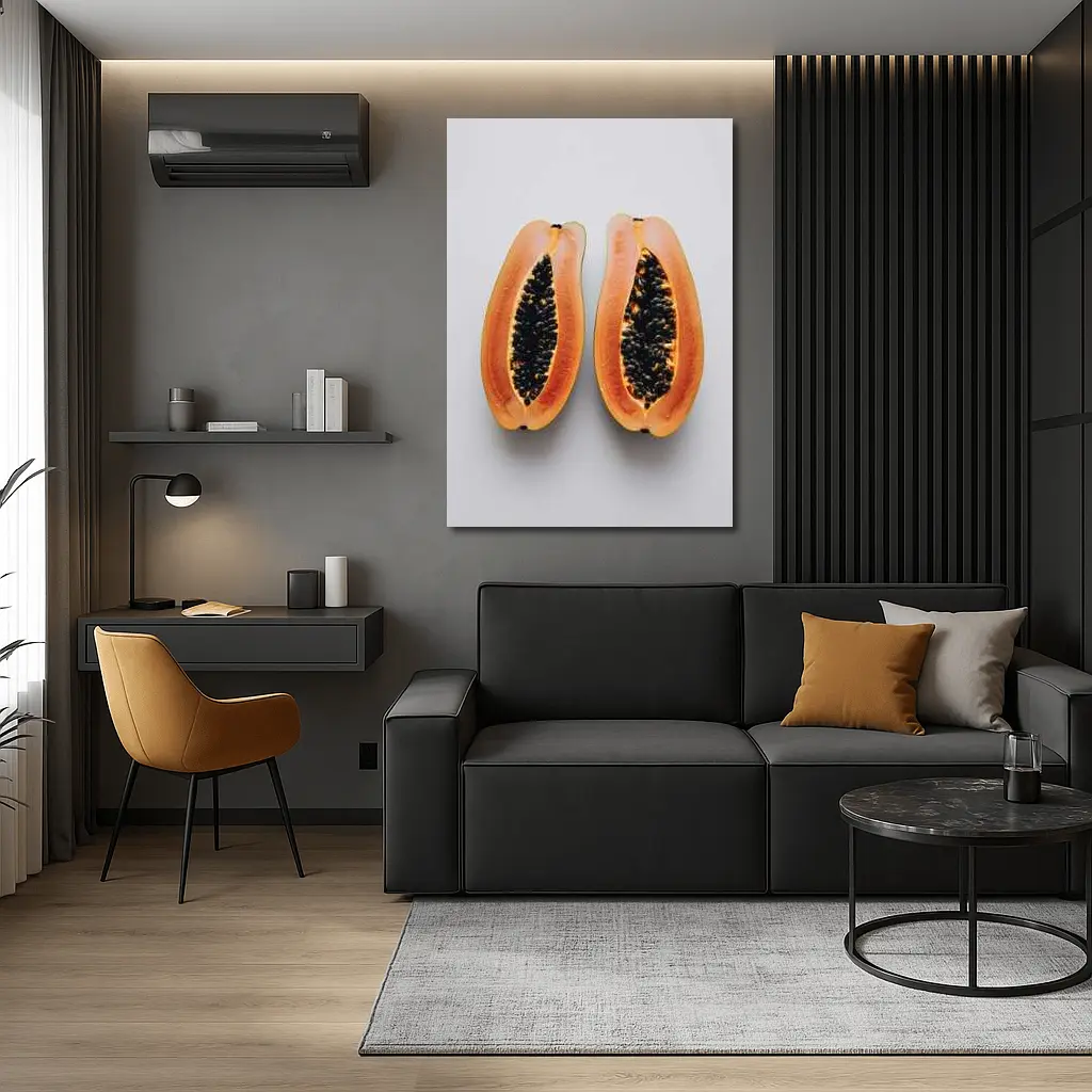Sliced Papaya Halves on White Background – Wall Art