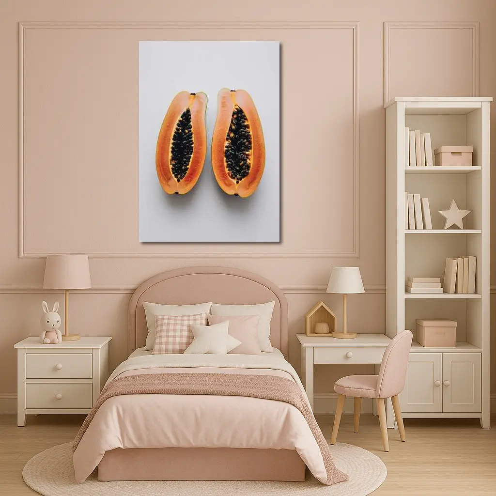 Sliced Papaya Halves on White Background – Wall Art