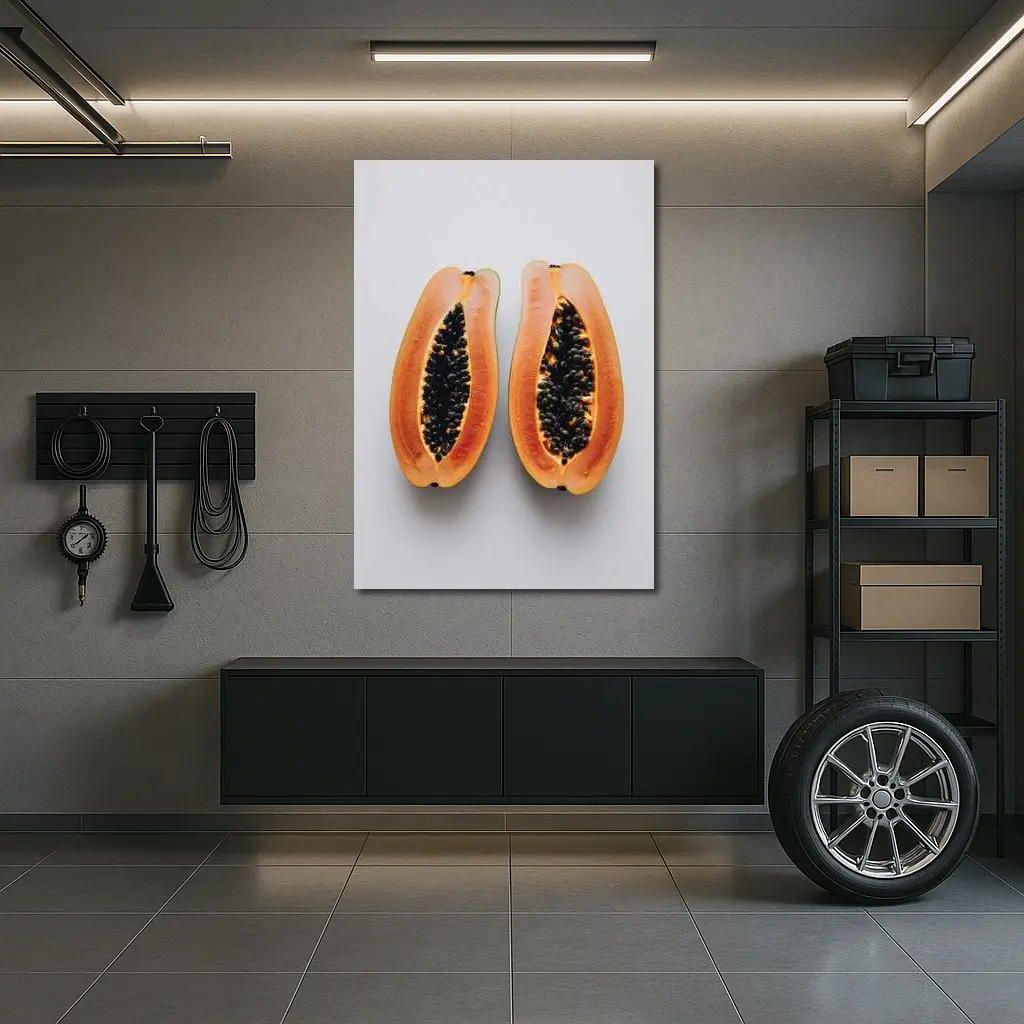 Sliced Papaya Halves on White Background – Wall Art