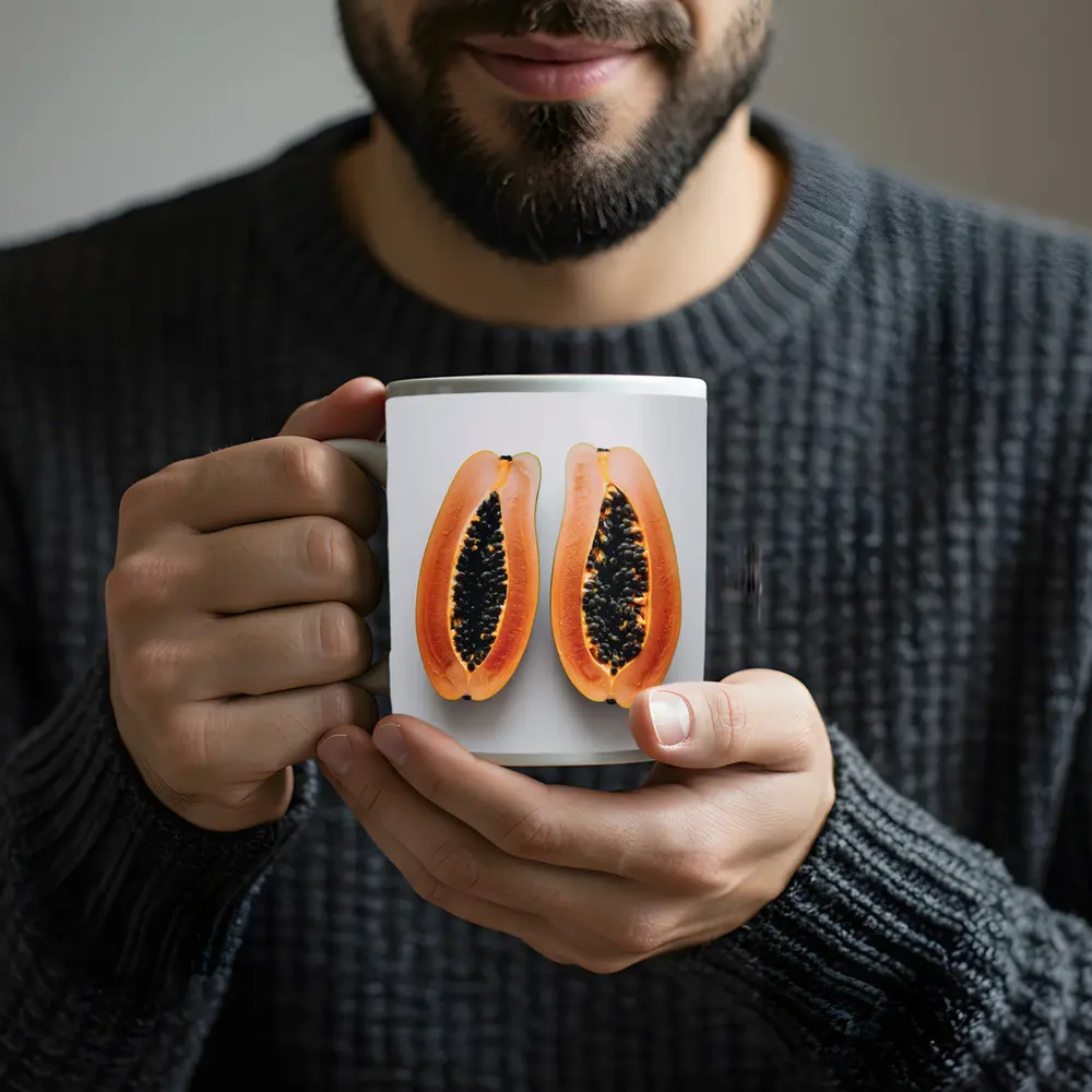 Sliced Papaya Halves on White Background – Mugs