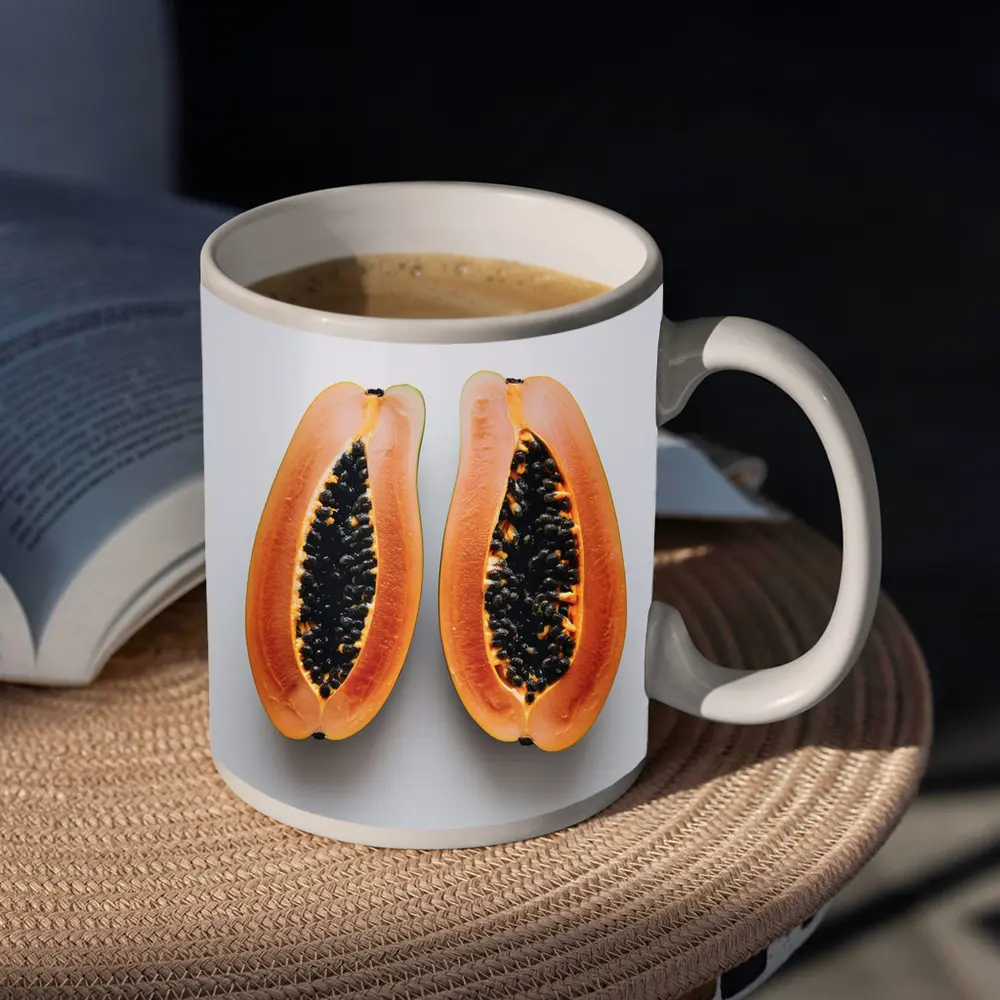 Sliced Papaya Halves on White Background – Mugs