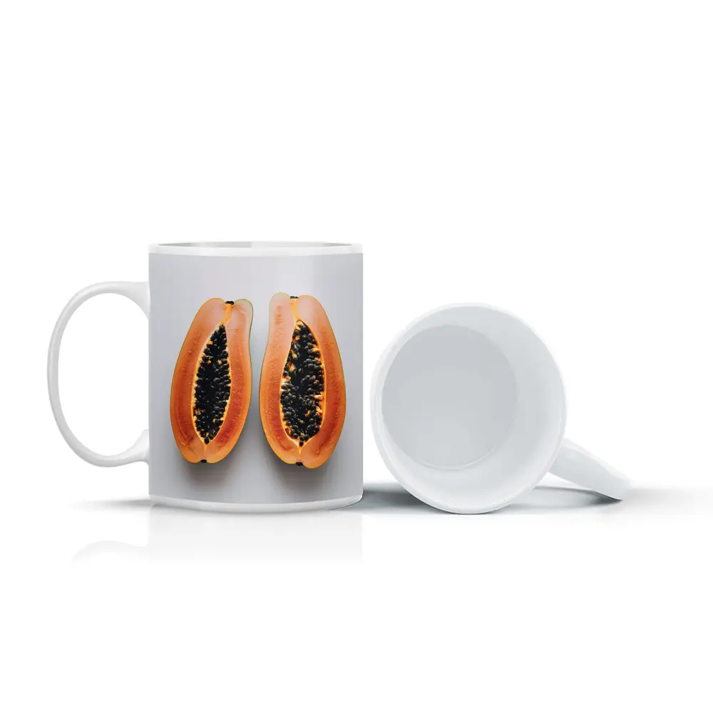 Sliced Papaya Halves on White Background – Mugs