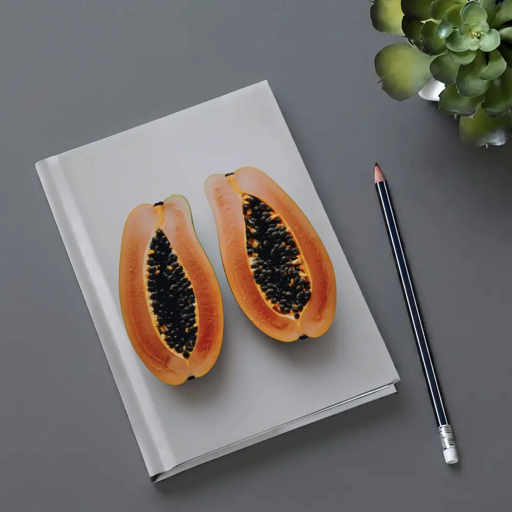 Sliced Papaya Halves on White Background – Notebooks