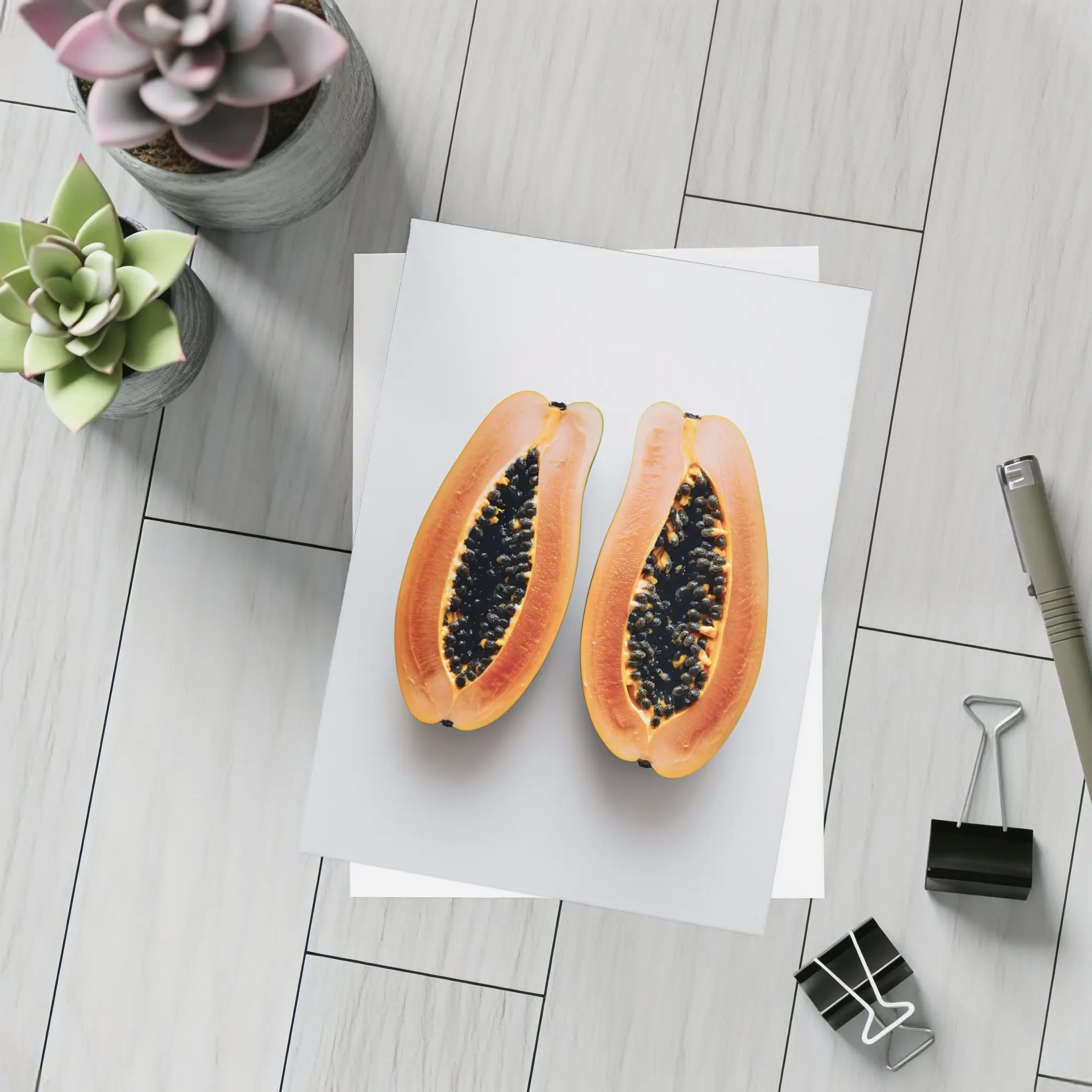 Sliced Papaya Halves on White Background – Postcards